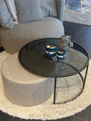 Salontafel met poef – Glas & textiel - Ø83 + Ø60 cm
